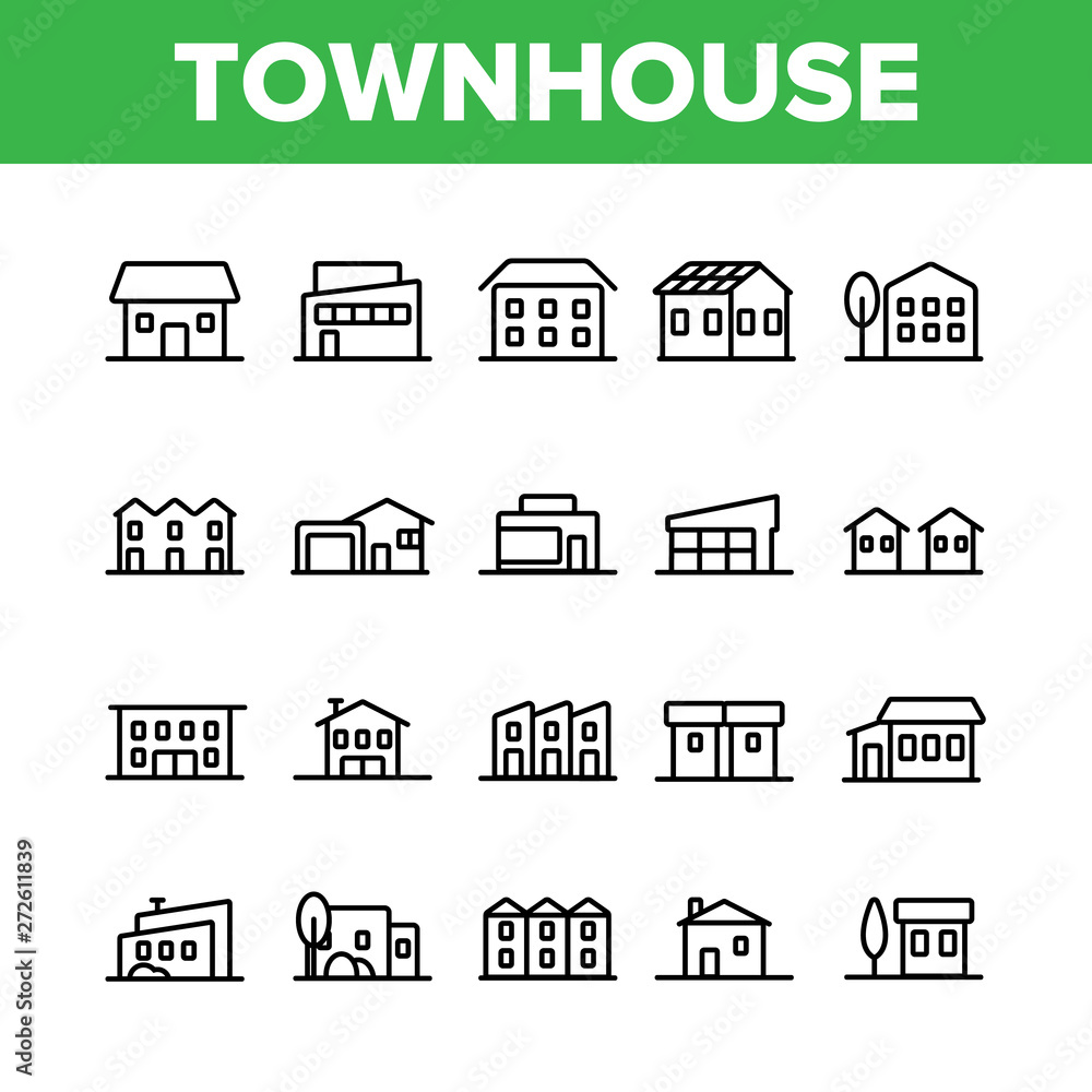 Townhouses, Residential Buildings Vector Linear Icons Set. Townhouse, Cottage And Villa Outline Symbols Pack. Countryside And Suburbs Area Property, Real Estate Isolated Contour Illustration