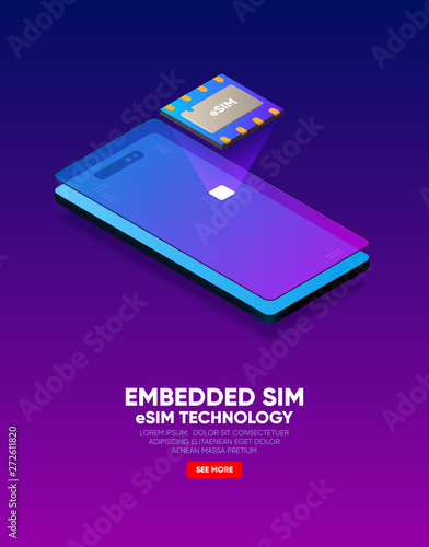 New mobile communication, eSIM card chip technology. Embedded SIM concept. Vector illustration