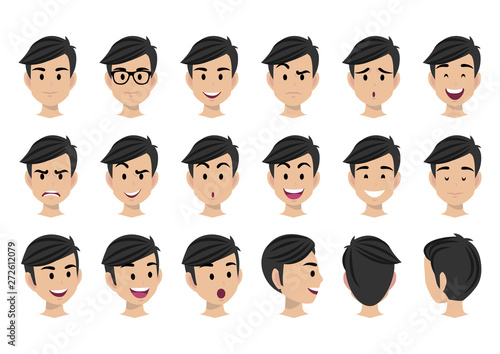 Cartoon character with man head vector set. Front, side, back view .Flat vector