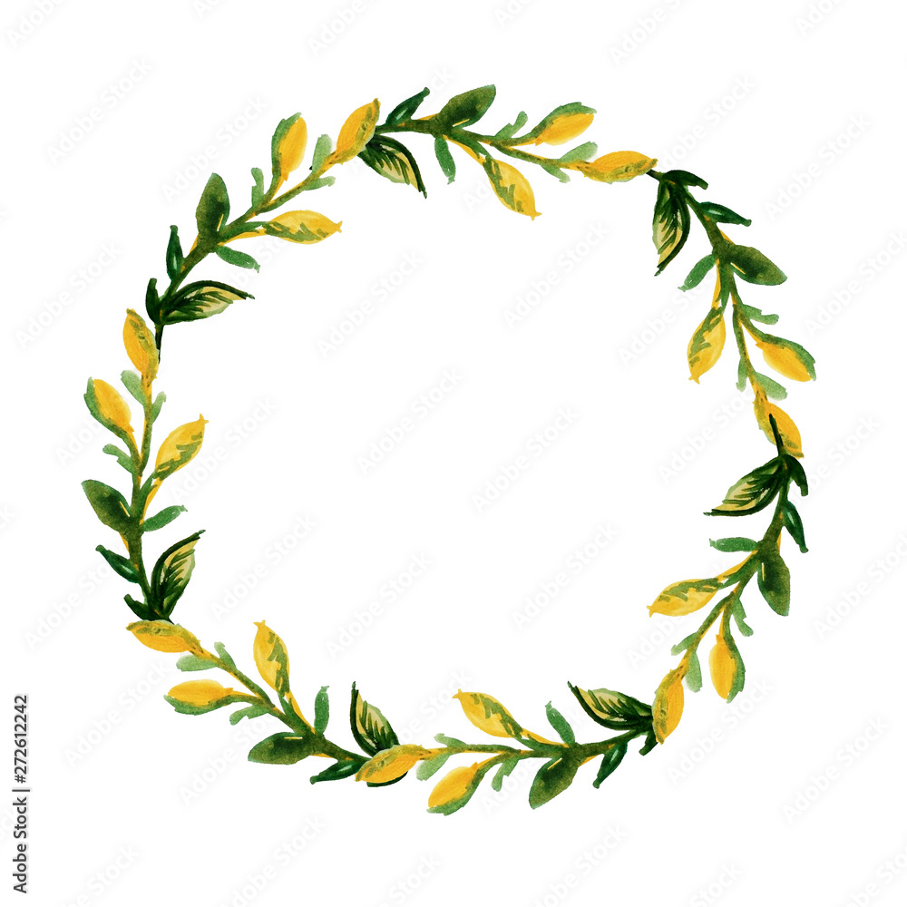 A round wreath of green leaves and twigs. Drawn by hand in watercolor on an isolated white background. Postcard, holiday decoration