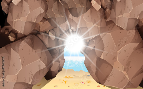 sunlight at the cave on the beach in morning