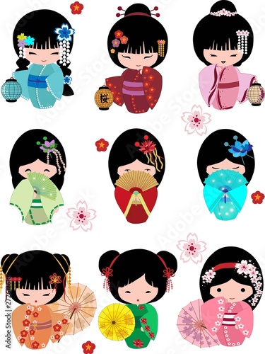 Vector set of flat simple characters on white background Japanese Geisha in different kimono .