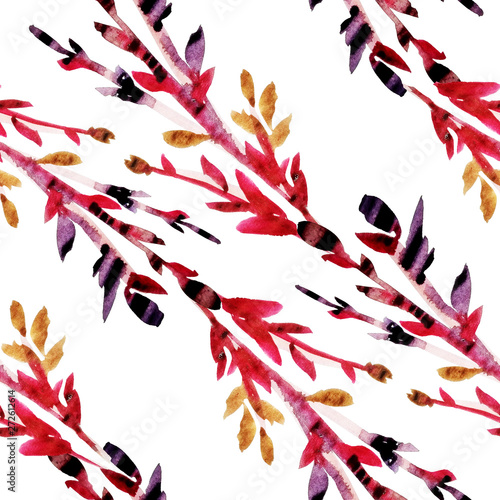 Seamless pattern of watercolor leaves and twigs. Print for fabric and other surfaces. Leaves and branches are drawn by hand. Abstract seamless pattern on a white background.