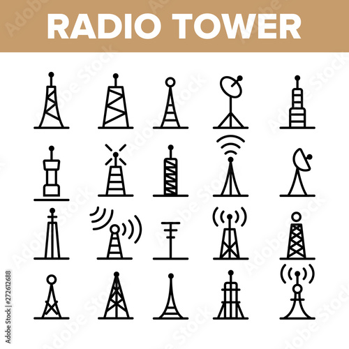 Radio Towers And Masts Vector Linear Icons Set. Radio Communication Tower, Transmitter, Antenna Outline Symbols Pack. Modern Wireless Technology, Telecommunication Isolated Contour Illustration