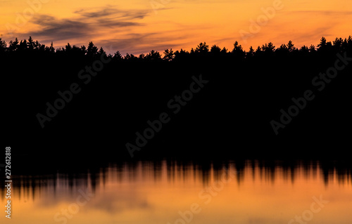 Reflection of forrest in the water, sunset silhouette, golden ho © CrispyMedia