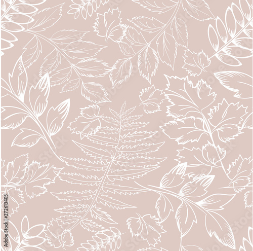 Floral pattern with leaves outline branches on beige. Background with foliage, petals for wrapping paper, textile, card, web. Vector illustration