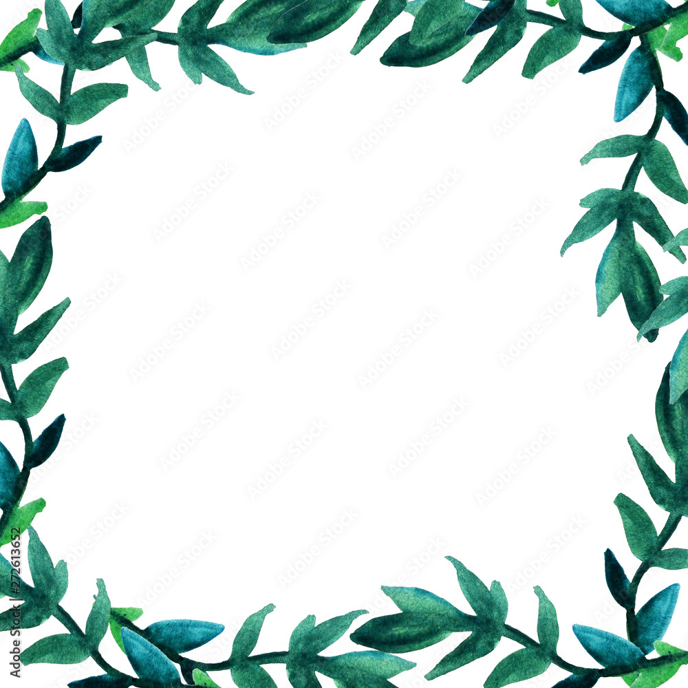 Frame of leaves and twigs. Drawn by hand with watercolor on an isolated white background. Postcard, holiday decoration