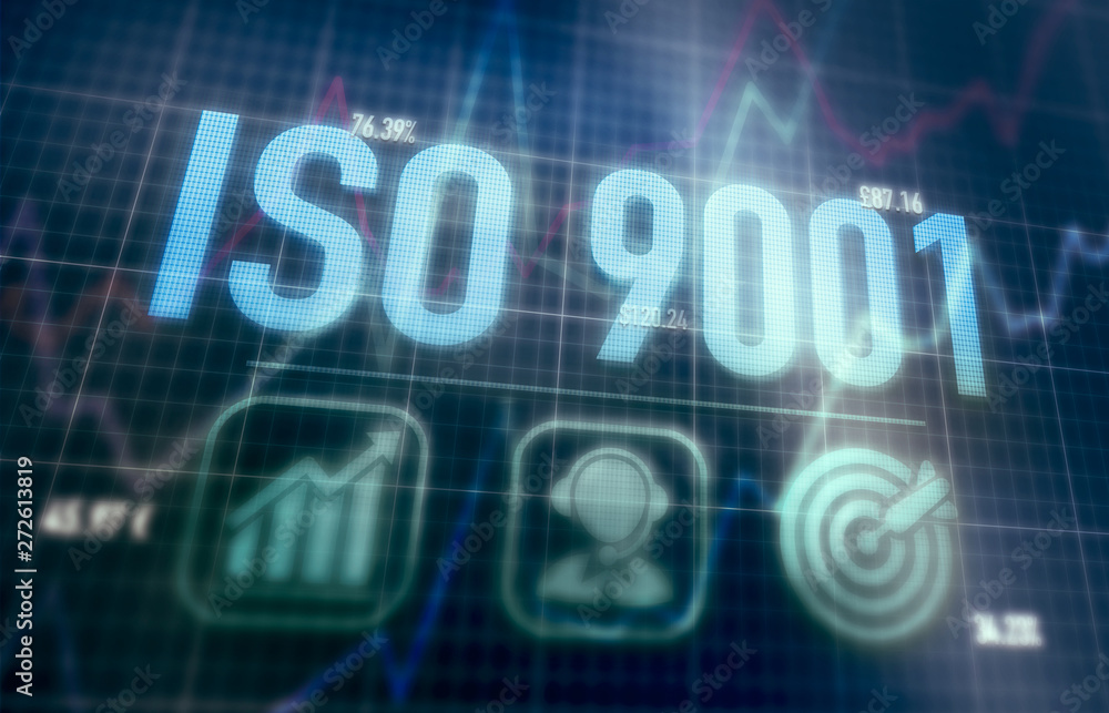 ISO 9001 concept on a blue dot matrix computer display. ISO 9001 concept on a blue dot matrix computer display.