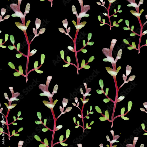 Seamless pattern of watercolor leaves and twigs. Print for fabric and other surfaces. Leaves and branches are drawn by hand. Abstract seamless pattern on a black background.