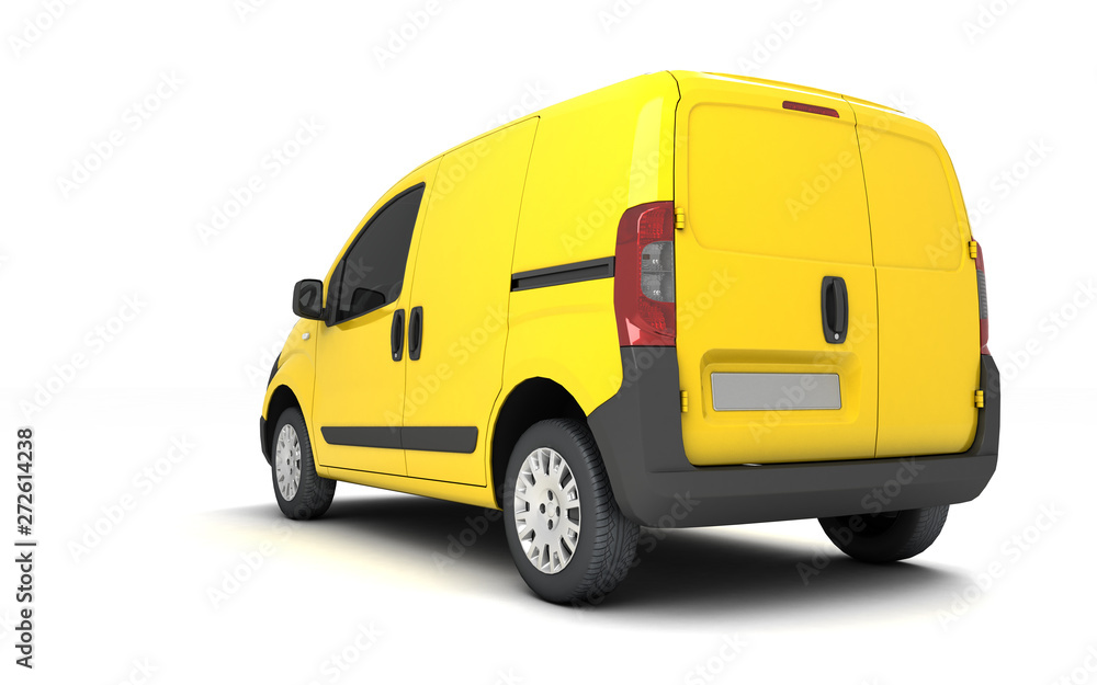 Yellow blank delivery cargo van isolated on white background. Perspective. Rear side view. Left side. Low wide angle.