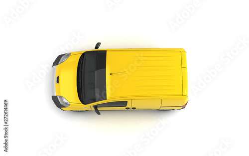 Isometric projection of yellow blank delivery cargo van isolated on white background. Top view. Left side. High angle.
