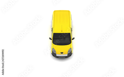 Isometric projection of yellow blank delivery cargo van isolated on white background. Front view. Top view. High angle.