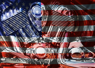 Tableau sur plexiglas Moto Moteur moto avec drapeau américain fond rouge  © Kanstantsin