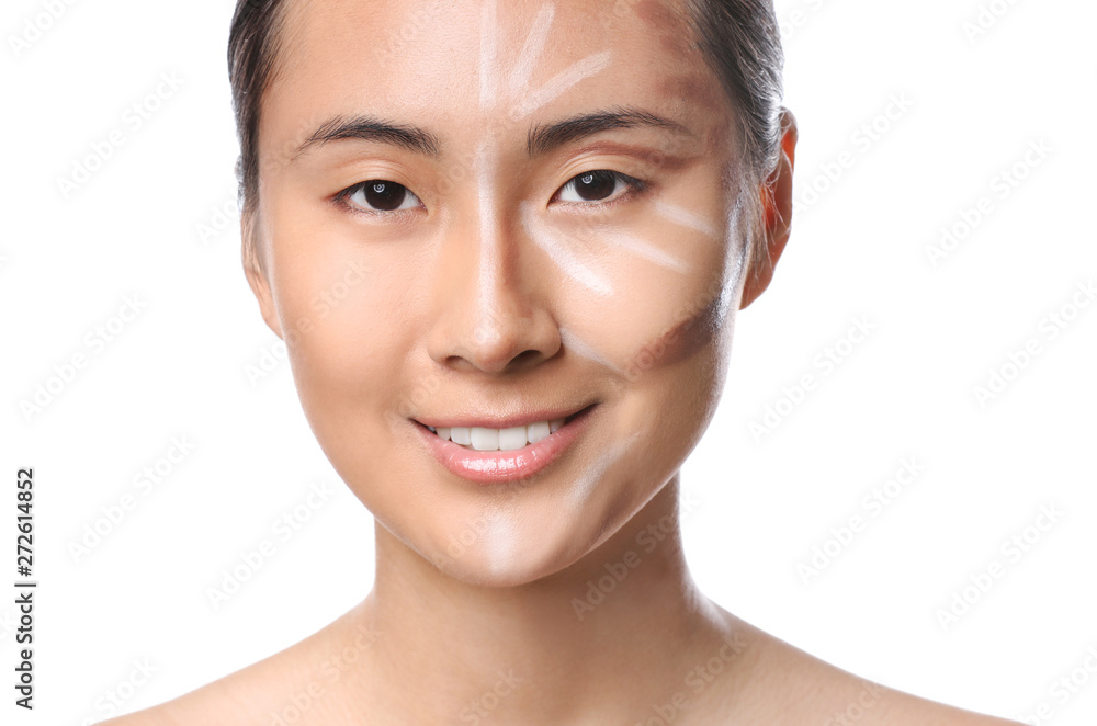 Asian woman with contouring makeup on white background Asian woman with contouring makeup on white background