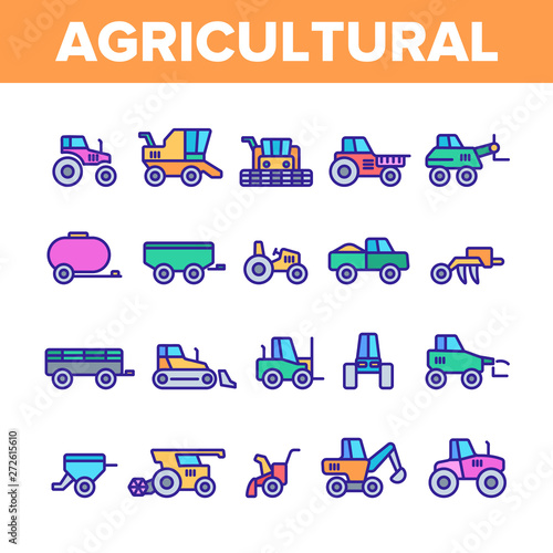Agricultural Heavy Machinery Vector Linear Icons Set. Agriculture, Farming And Horticulture Equipment Outline Symbols Pack. Tractor With Plough, Combine Harvester Isolated Contour Illustrations