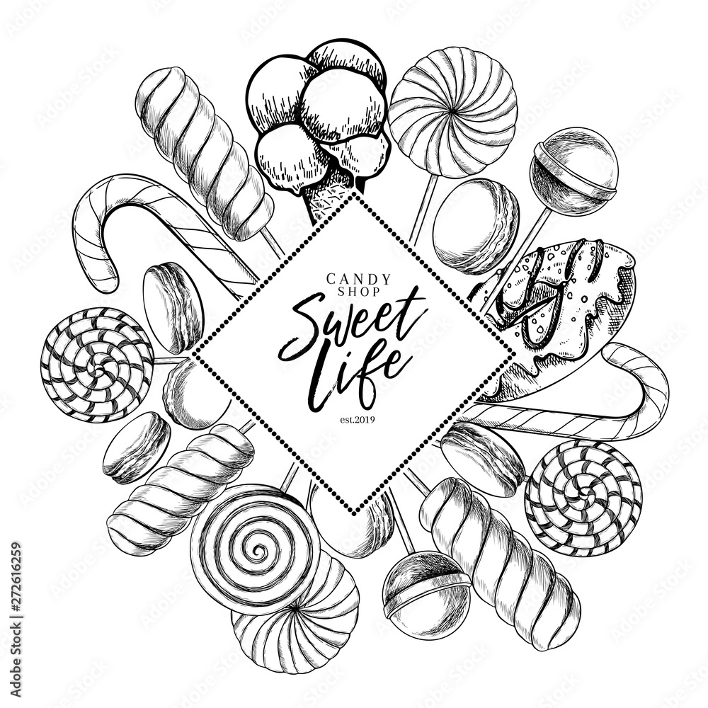 Hand drawn set of sweet candies. Twisted caramel lollipops, candy cane, macarons, donut. Vector food label template. Use for restaurant, menu, party decorating, flyer, banner. Sugar Halloween dessert.