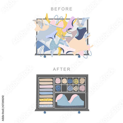 Wardrobe drawer organizer. Before and after tidying up concept