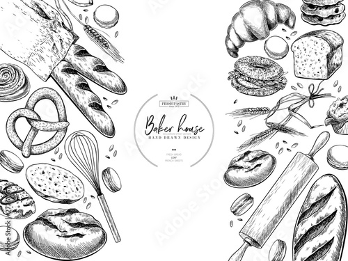 Bakery set. Hand drawn bread, loaf, croissant, pretzel, macaron, pie, baguette. Wheatl flour pastry. Vector engraved banner. For restaurant and cafe menu, baker shop pasty sweets Design template.