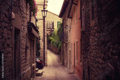 Beautiful old narrow lane with windows on the old histiric europe italy house.