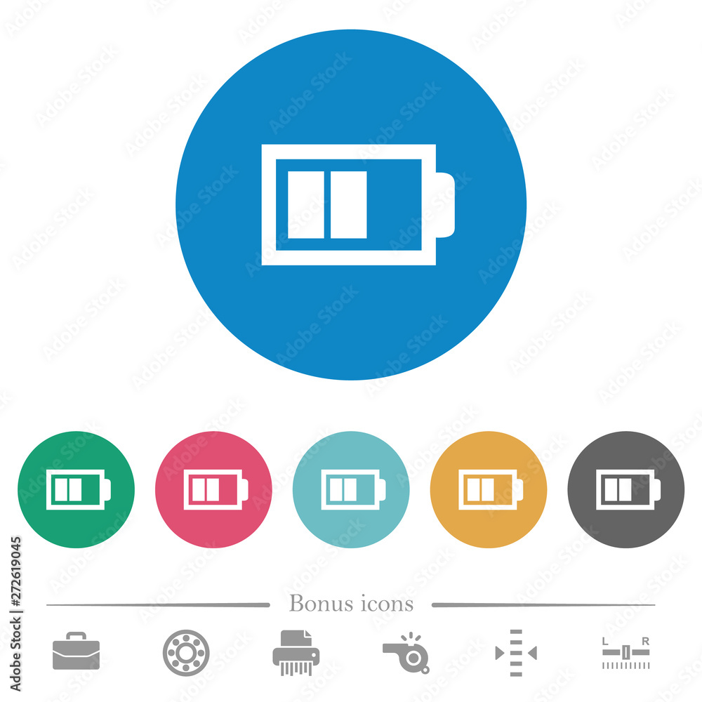 Half battery with two load units flat round icons Half battery with two load units flat round icons