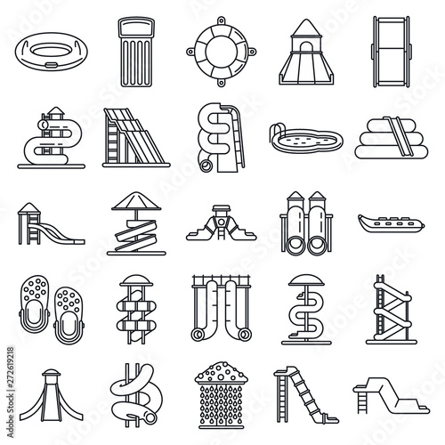 Waterpark icons set. Outline set of waterpark vector icons for web design isolated on white background