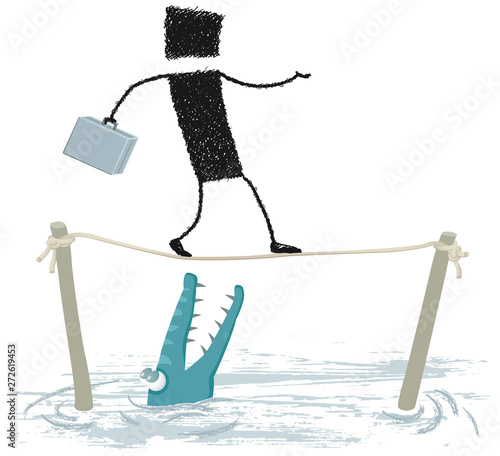 Tightrope walker, isolated on white background. A person walking on a wire. Below is a hungry crocodile.