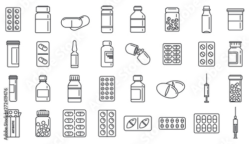 Antibiotic drug icons set. Outline set of antibiotic drug vector icons for web design isolated on white background photo