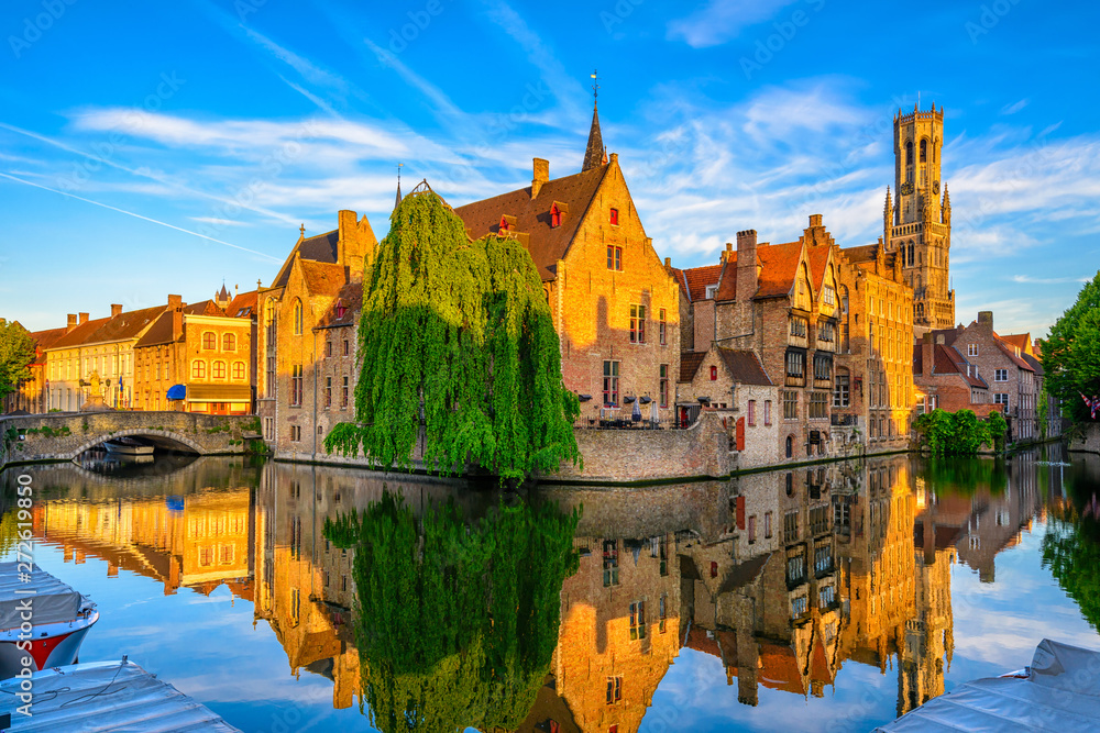 Classic view of the historic city center of Bruges (Brugge), West Flanders province, Belgium. Cityscape of Bruges.