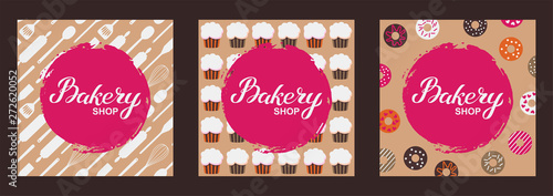 Bakery shop logo card set. Typography hand drawn vector illustration, poster with utencils, cupcakes, donuts. Banner template