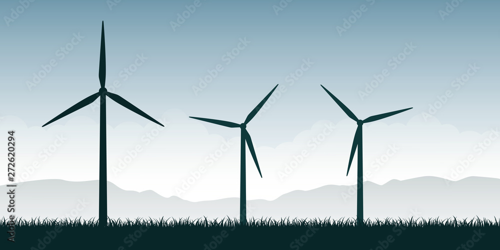 windmills silhouette on green nature landscape wind power energy vector illustration EPS10 - obrazy, fototapety, plakaty 