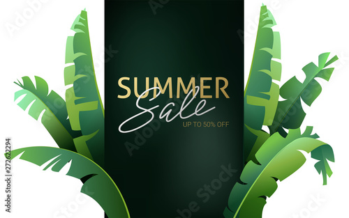 Hello summer, summertime. The text poster against the background of tropical plants. The poster for sale and an advertizing sign.  Vector Illustration.