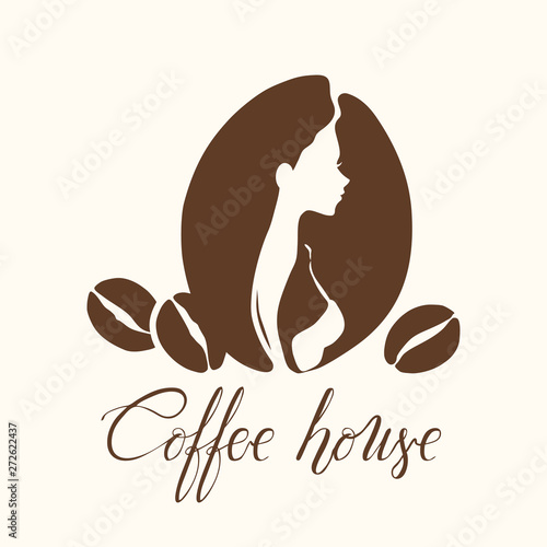 Logo with profile of woman and coffee beans for coffee shop, coffee point or cafe.