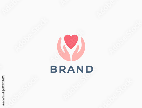 Hands with heart logo. Love, care, sharing, charity, medicine symbol. Valentines day logotype. Abstract medical health logo. Foundation logotype.