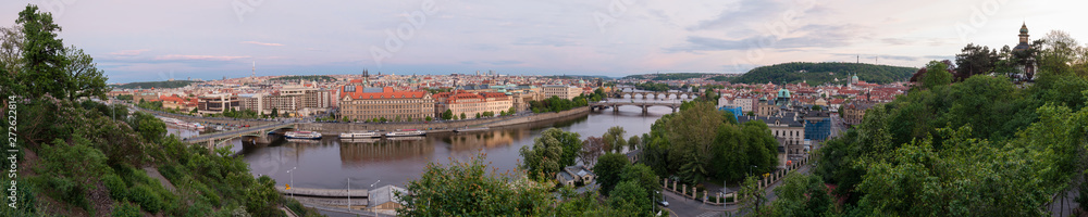 Panoramic view of river Vltava and Prague bridges at dusk. Scenic view from Letna Hill, Czech Republic
