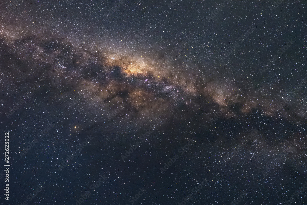 Scenics of Milky Way Galaxy in clear night sky.The Milky Way is is a barred spiral galaxy with large group of stars that contain solar system.