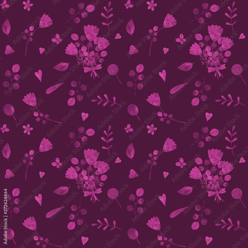 seamless pattern with cute watercolor illustration of stylized flowers.