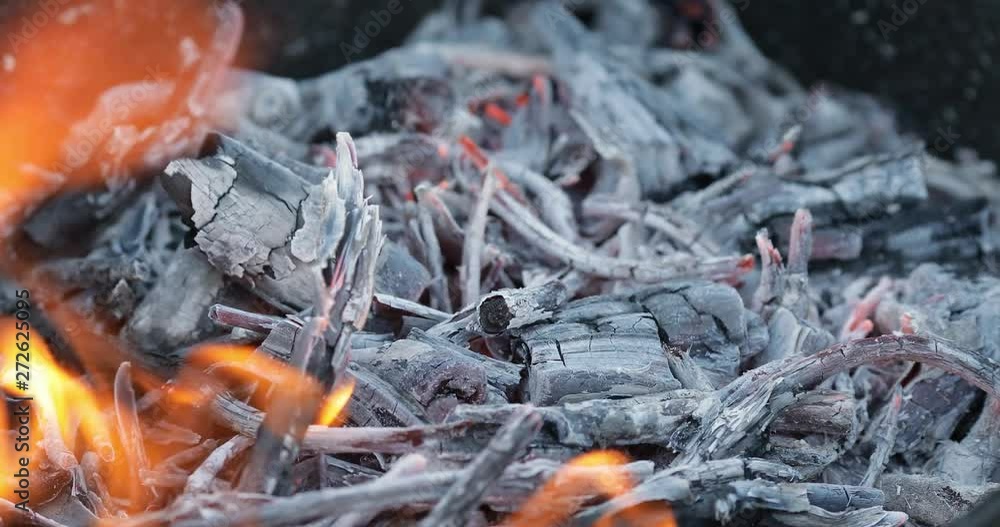 Firewood burning in brazier. Bbq or barbecue. Glowing flame closeup 4K Firewood burning in brazier. Bbq or barbecue. Glowing flame closeup 4K