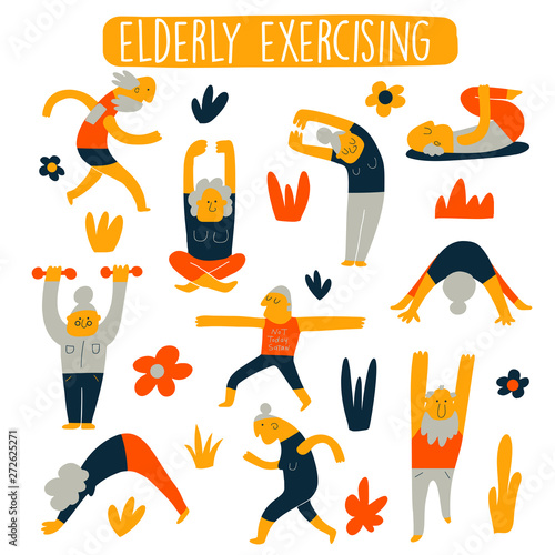 Funny cartoon vector set of elderly exercising. Healthy life style concept for seniors people