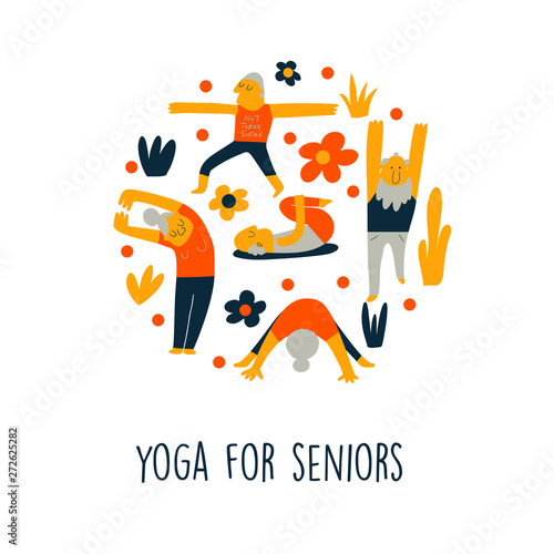 Funny cartoon illustration of senior people, doing yoga exercises. Circle composition. Vector