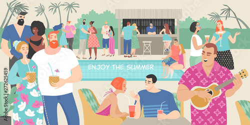 Young people drink cocktails and dance at a fun summer party by the pool.
