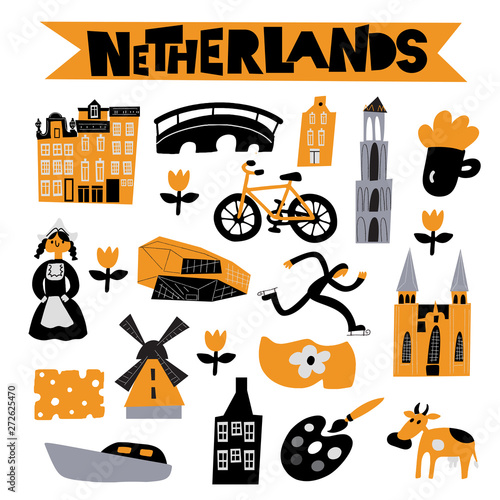 Vector flat illustration of different Netherlands attractions, landmarks and symbols