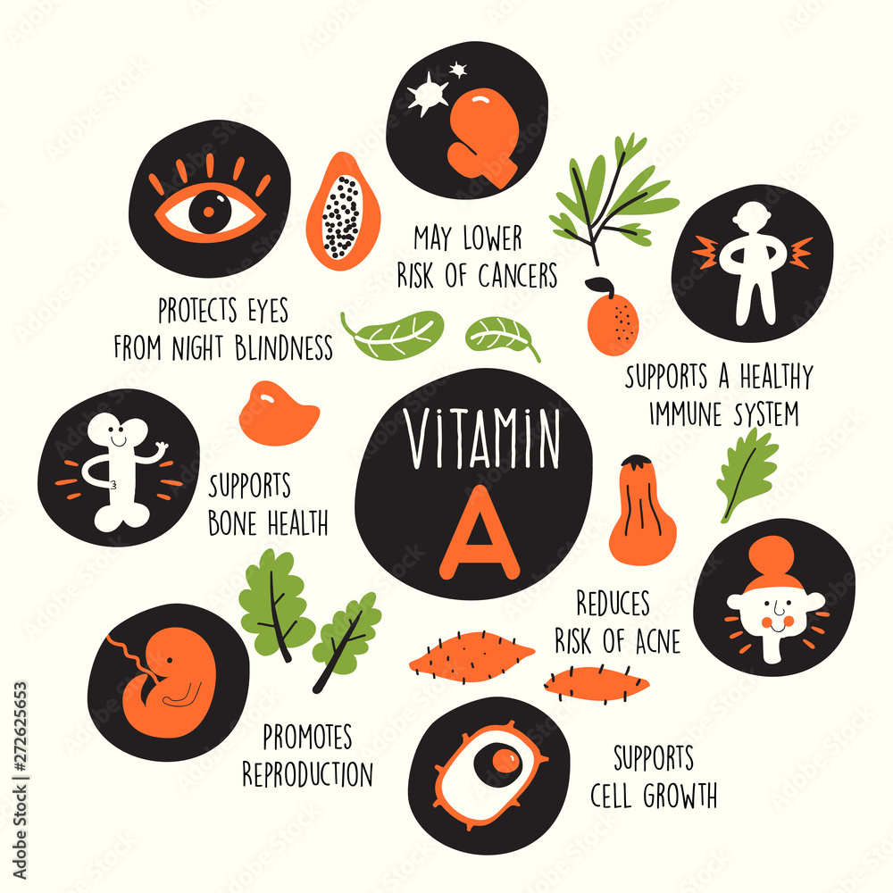 Vector cartoon illustration of Vitamin A sources and information about ...