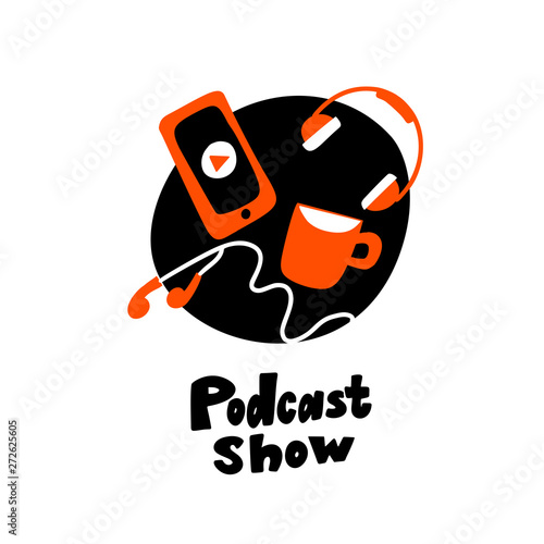 Funny flat vector illustration of smartphoe, earphones, headphones and coffee. Design concept for podcast show. photo