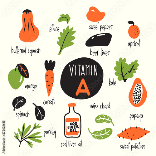 Funny vector caroon illustration of Vitamin A rich foods.