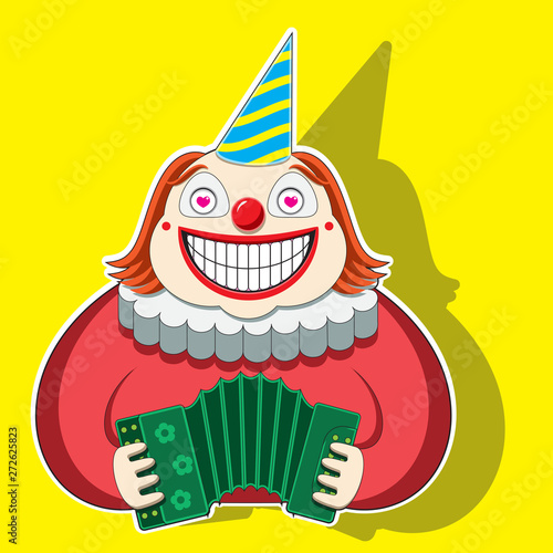 character funny clown playing the accordion in a striped cap. vector image.