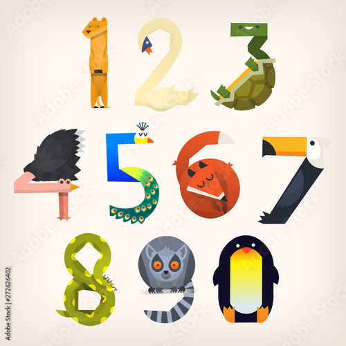 Set of animals shaped like numbers from 0 to 9. Vector illustrations for elementary education.