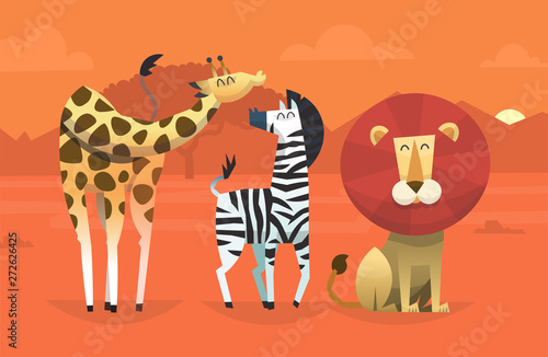 Portrait of friendly wild savanna animals taking picture in the desert on sunset with mountains on the background. Vector illustration © snegok13
