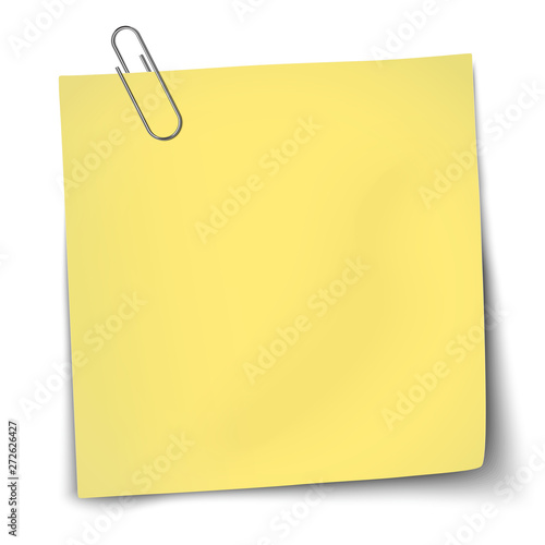 Vector paper mockup of yellow note attached by metallic paper clip placed on transparent background.