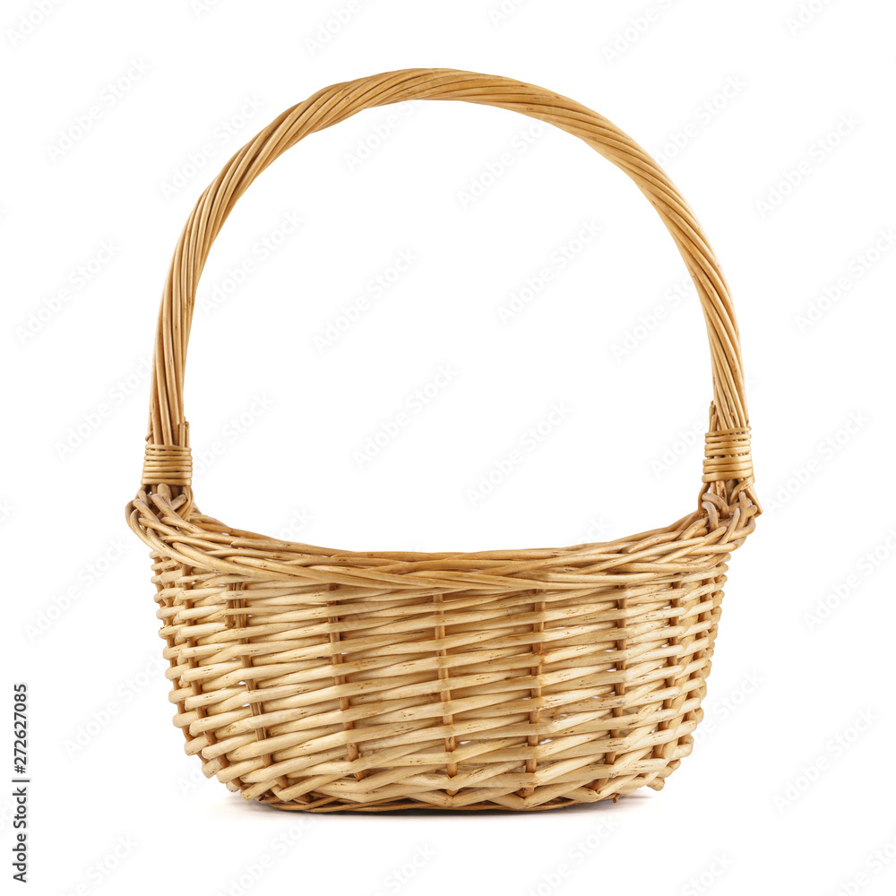 Empty wicker picnic basket. Isolated on white. - obrazy, fototapety, plakaty 