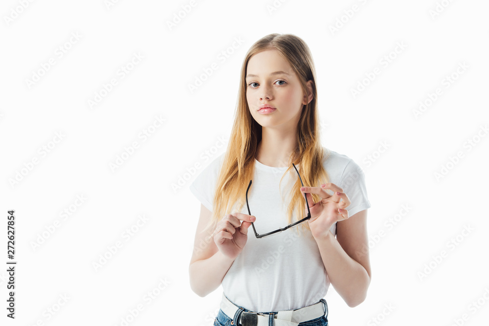 sad teenage girl holding glasses isolated on white sad teenage girl holding glasses isolated on white